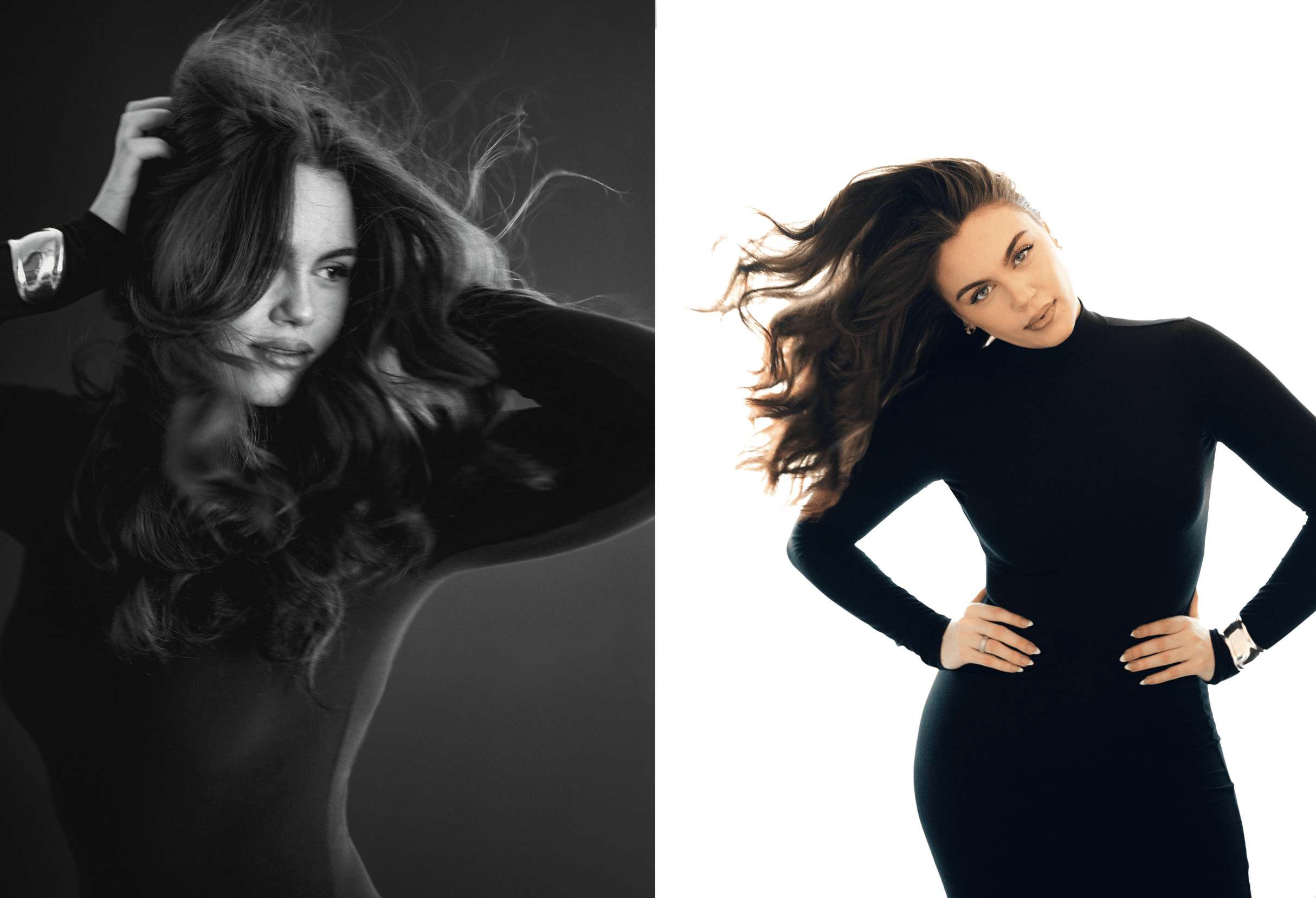 Two women pose with hands on hips, one in black and white, the other in color, both with wavy hair.