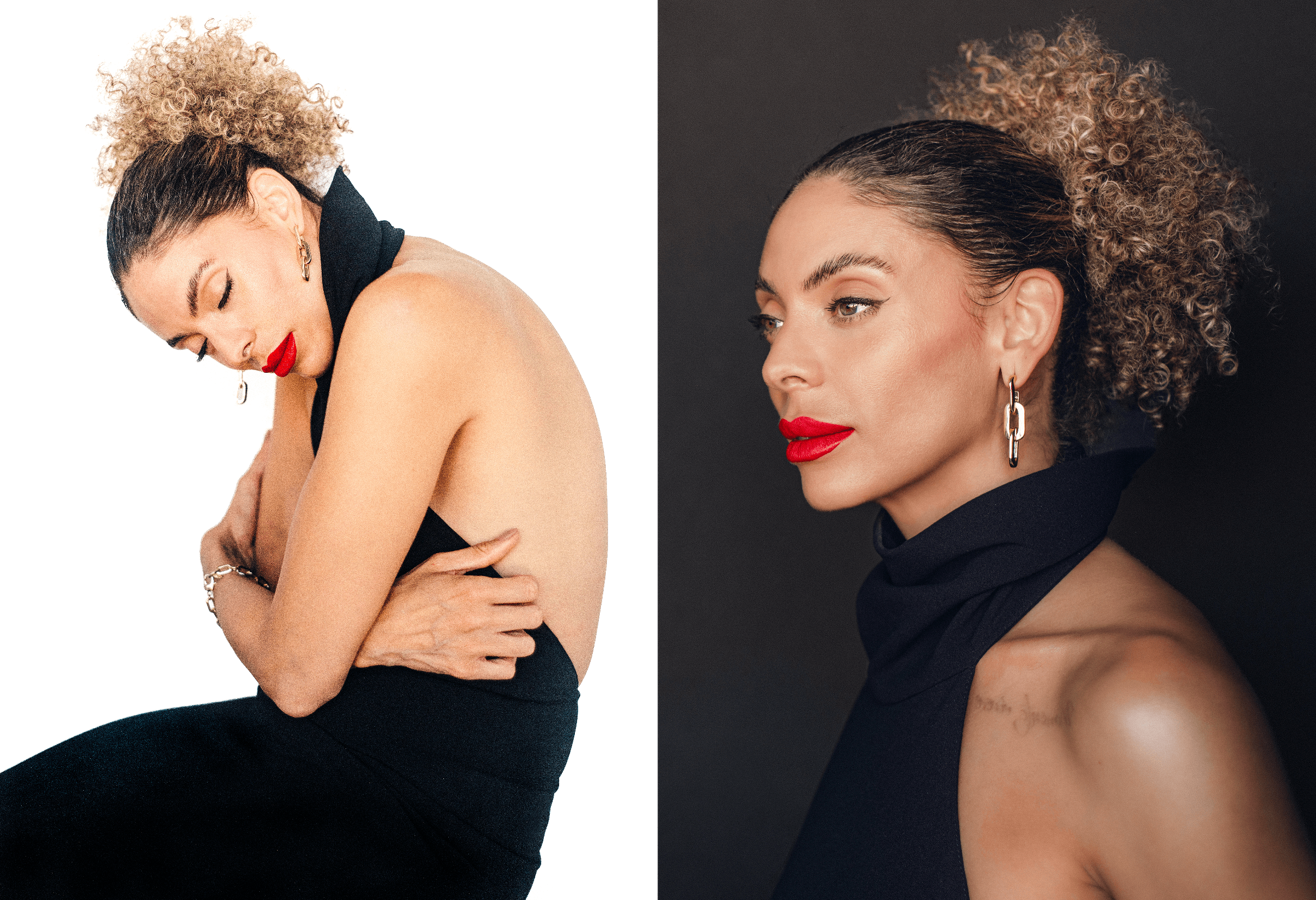 Two women with curly hair, one with a white background and the other with a dark background, both wearing black clothing and red lipstick.
