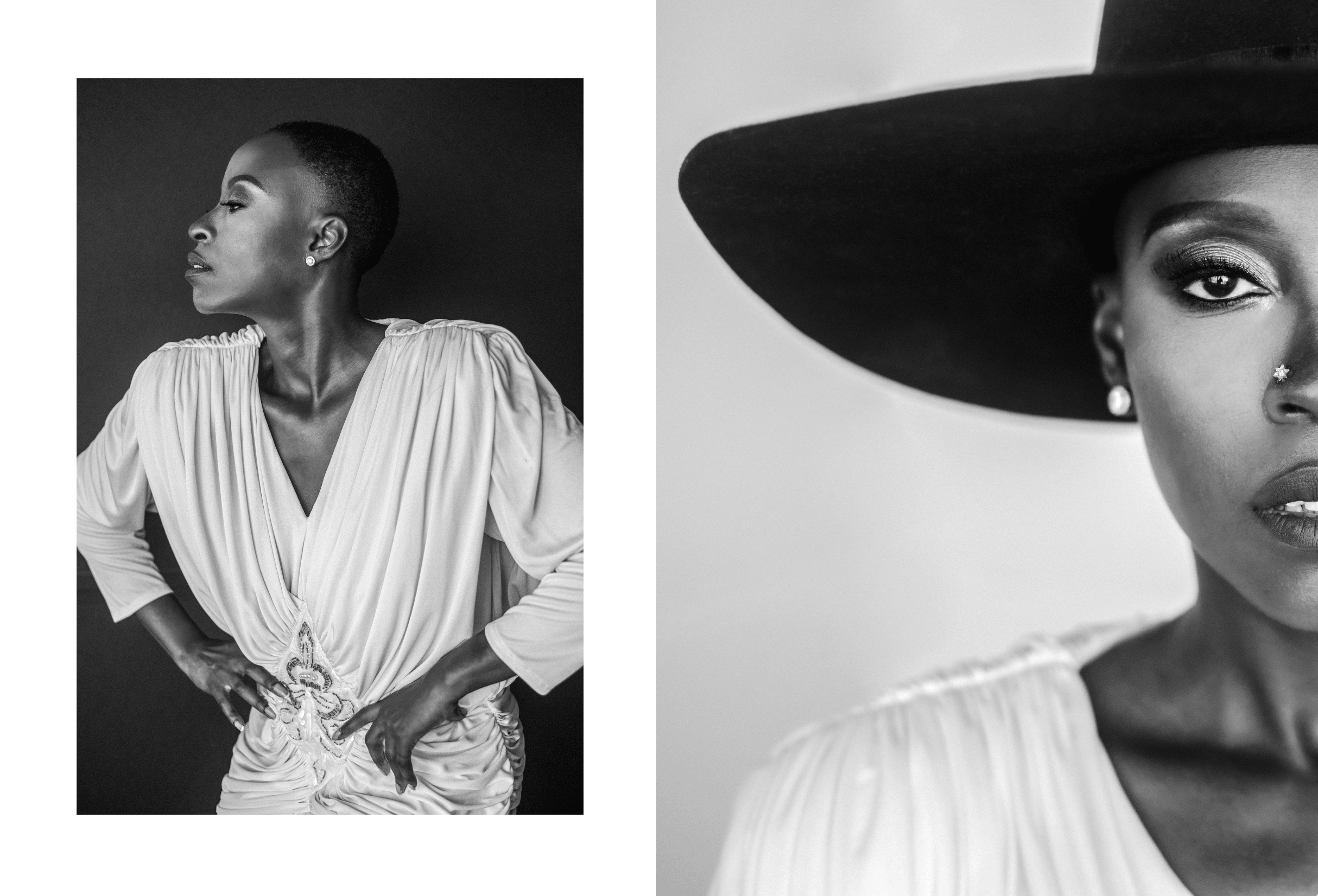 Side profile of a woman with short hair, wearing a white top and large hat, in black and white.