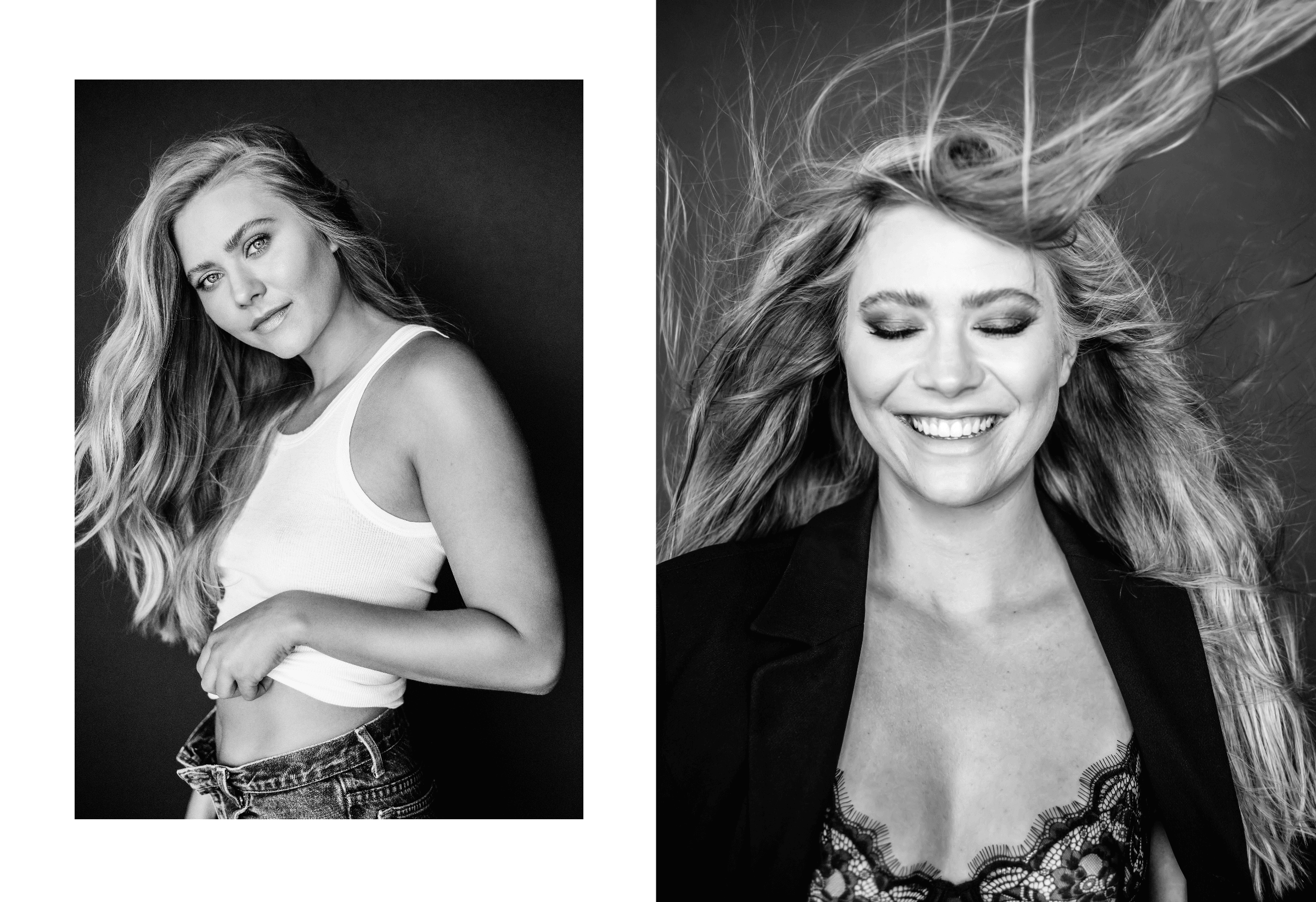 Two black and white portraits of women, one with long hair and a white top, the other smiling with windblown hair and a dark jacket.
