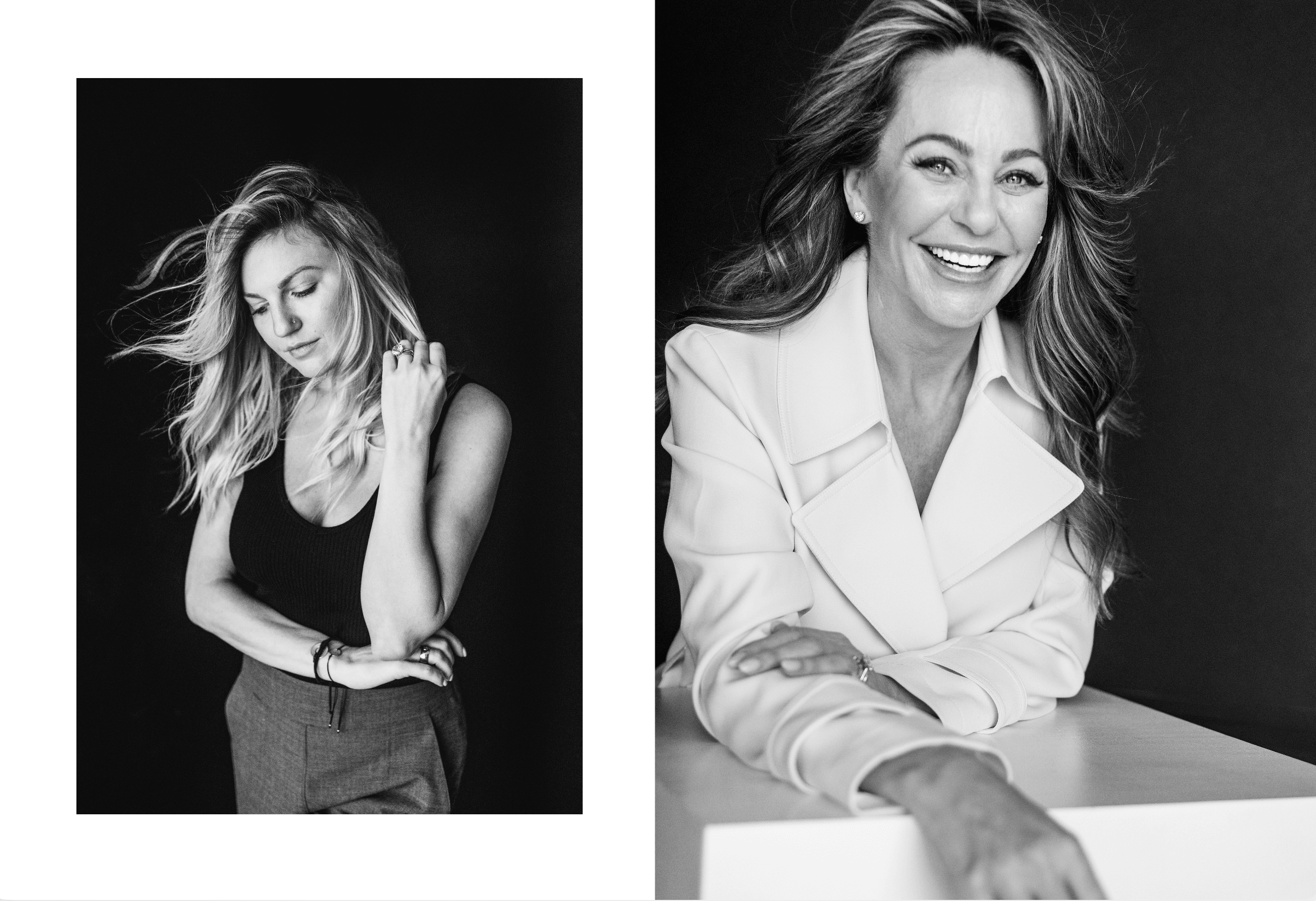 Two black and white portraits of women, one with long hair and a sleeveless top, the other smiling with wavy hair and a blazer.