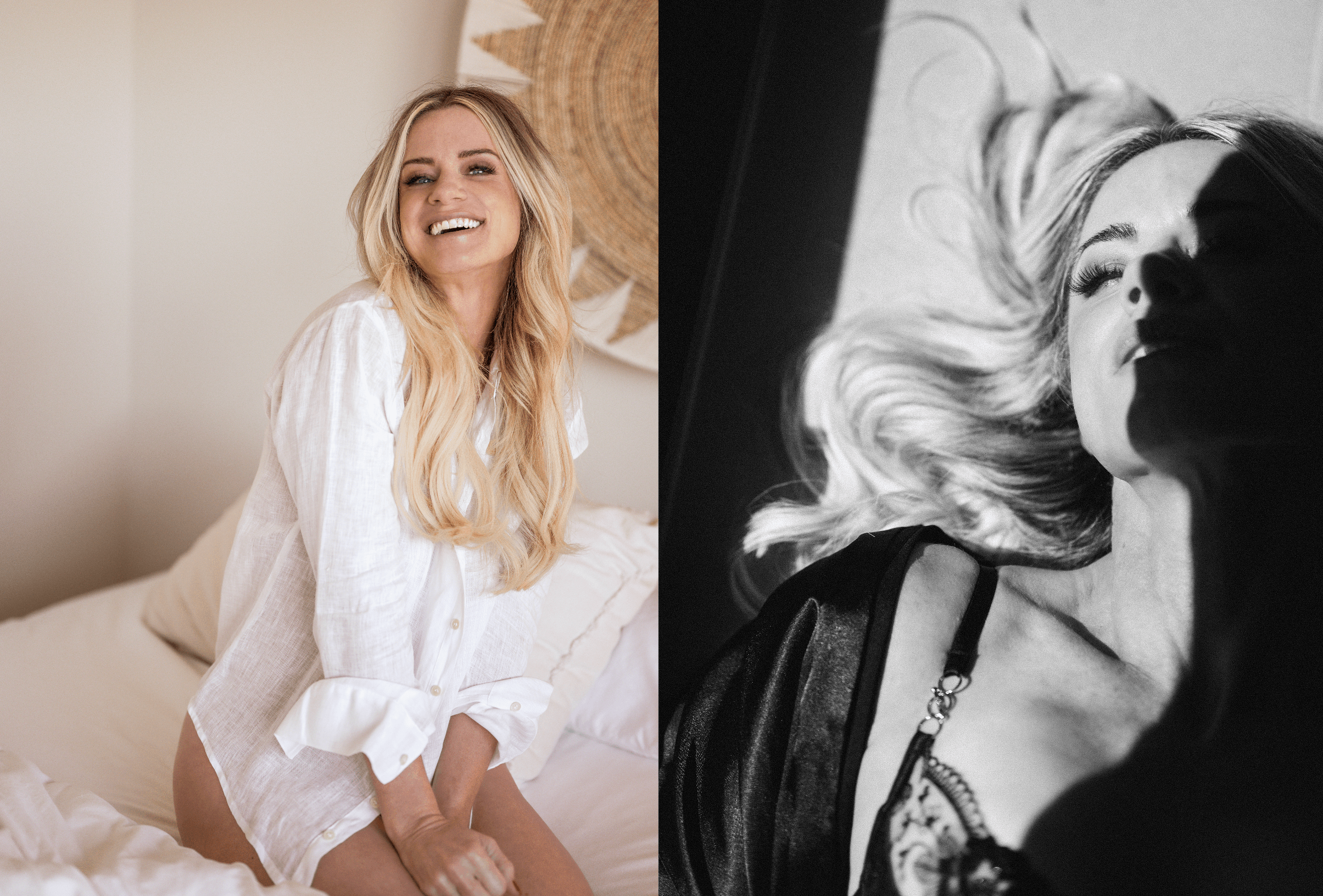 Split image of a smiling woman with long blonde hair on the left and a woman with long hair in shadow on the right.