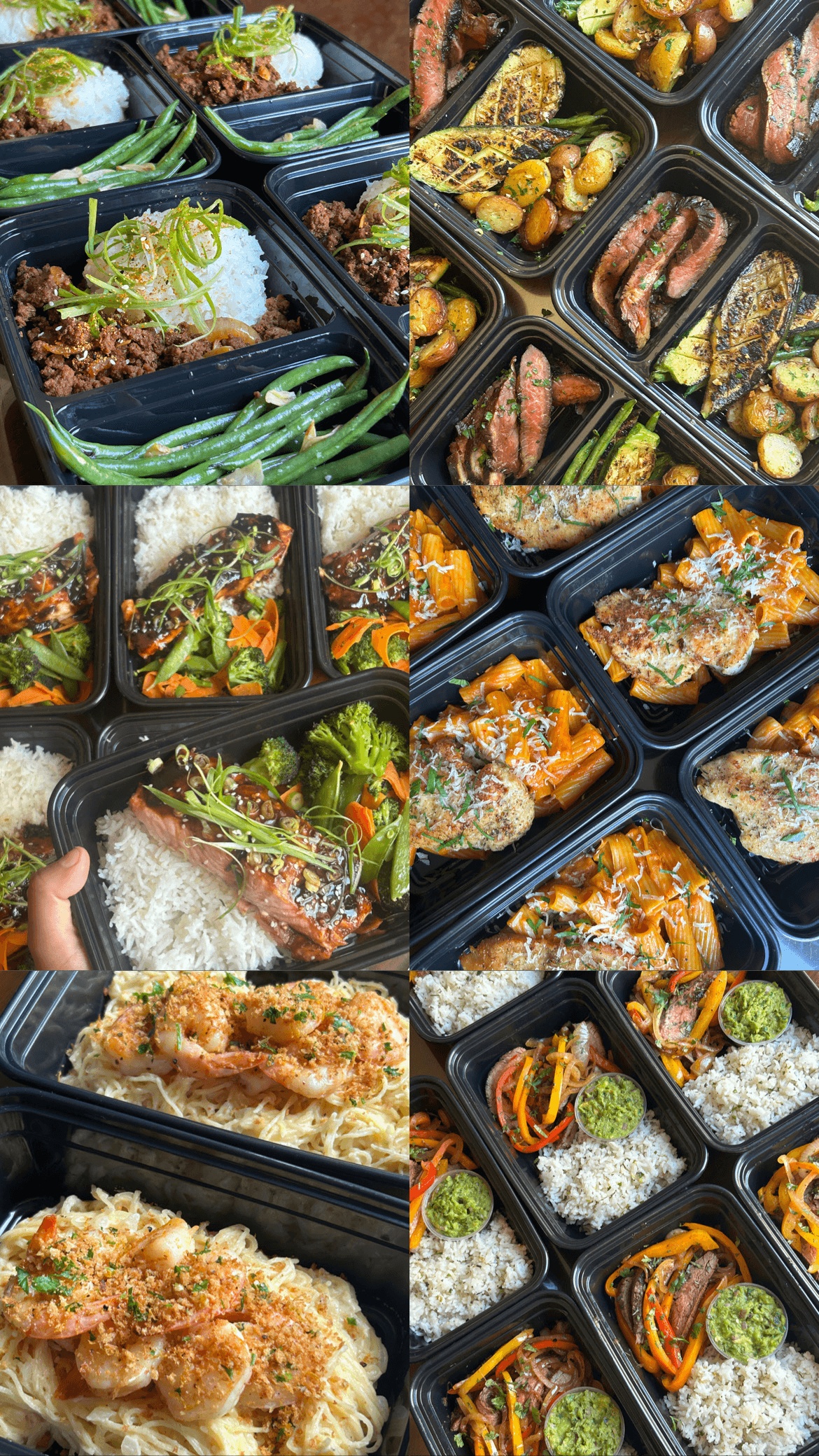 Multiple meal containers filled with rice, vegetables, meats, and garnishes arranged in a grid pattern.