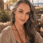 Woman with long wavy hair smiling outdoors with trees and water in background.
