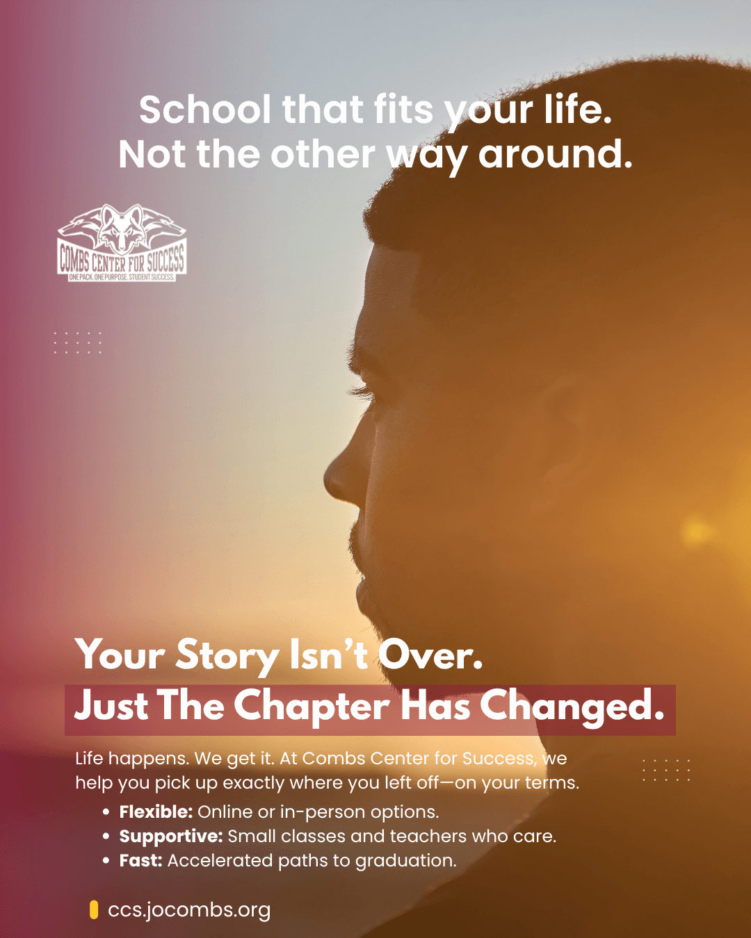 Profile of a person with sunset background, text about school and life, and a logo in the top left corner.