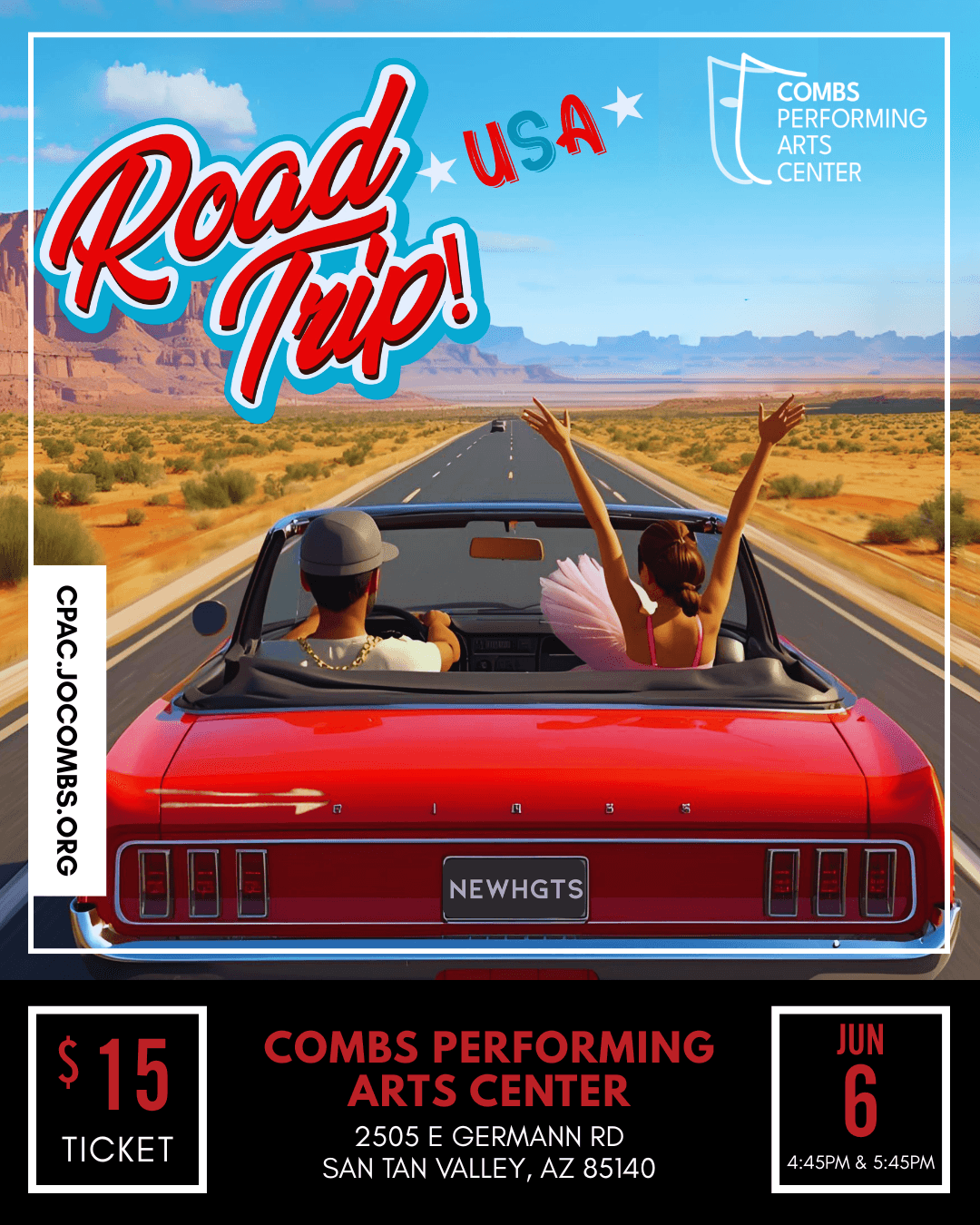 A red convertible car driving on a straight road in a desert landscape with two people enjoying the drive, one with arms raised.