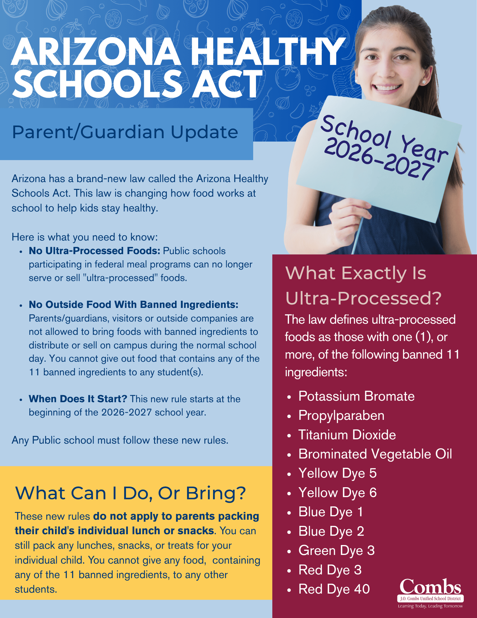 Young girl smiling holding a sign about school year 2026-2027, with text about Arizona Healthy Schools Act and dietary ingredients, on blue background.