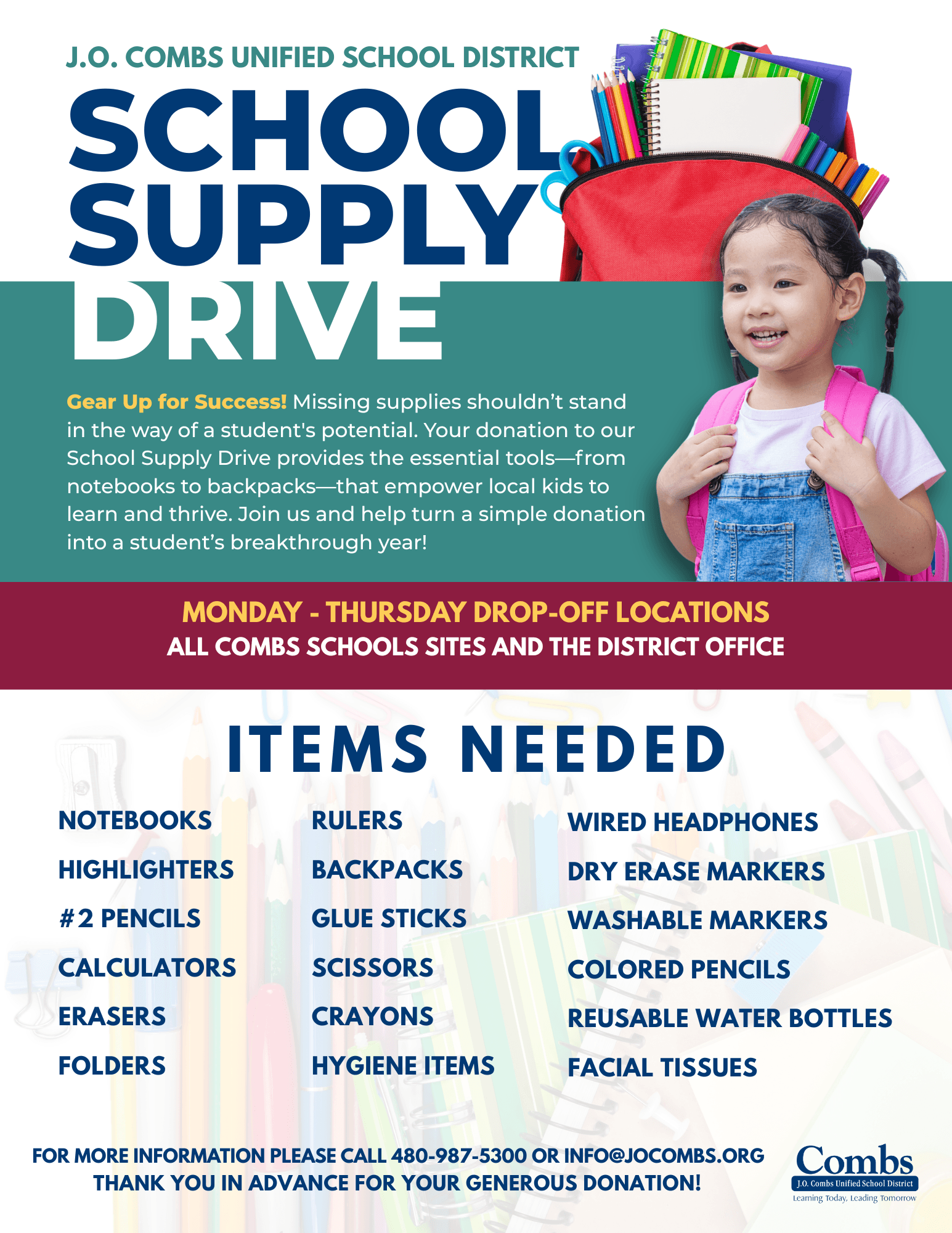 School supply drive poster with a smiling girl holding colorful notebooks and supplies, list of needed items, and event details.