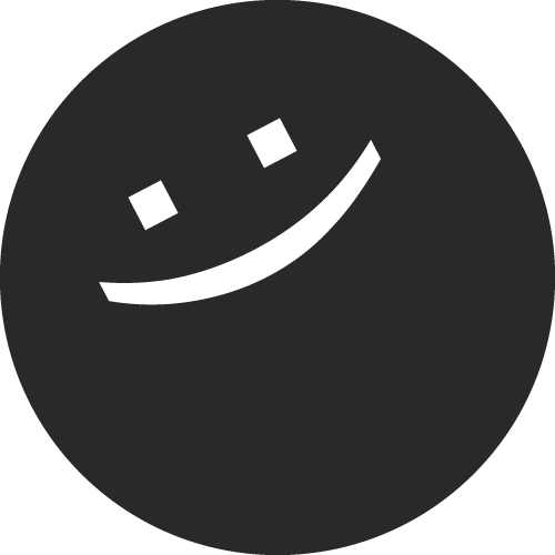 Smiling face with two eyes and a curved mouth on a black circular background.