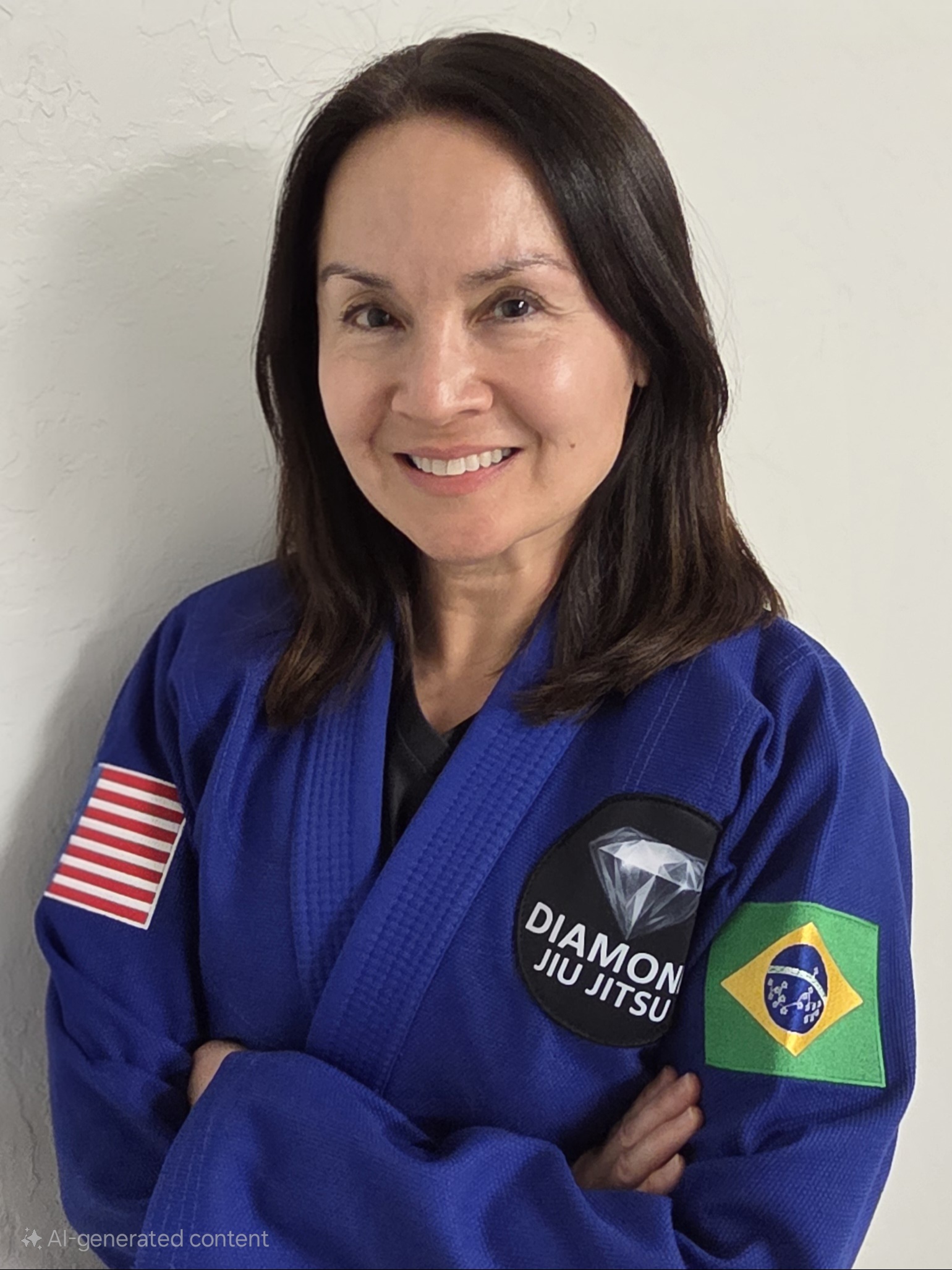Woman in blue Brazilian Jiu Jitsu uniform with American and Brazilian flags, smiling, arms crossed, against a plain wall.