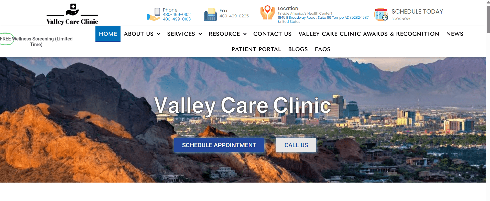 Valley Care Clinic website homepage with mountain landscape background and city skyline, featuring schedule appointment and call buttons.