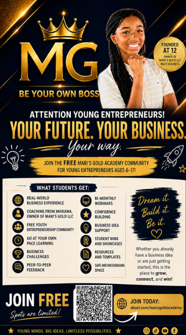 Young woman smiling with hands clasped, gold crown and MG logo, promotional text about entrepreneurship and free community event.