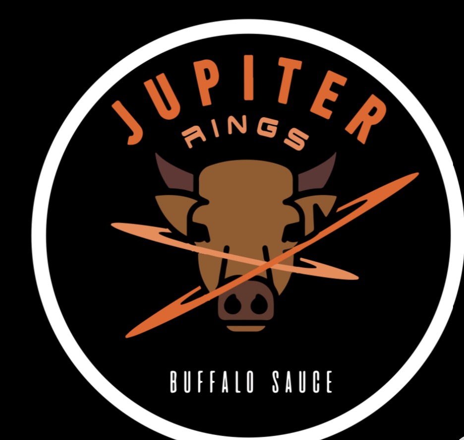 Logo with a buffalo head, orange text 'Jupiter Aings', and 'Buffalo Sauce' below, on a black background.