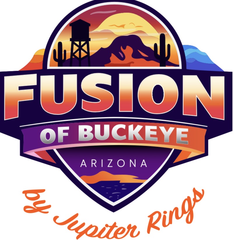 Logo with desert scene, mountains, cacti, and water tower, featuring text 'FUSION OF BUCKEYE ARIZONA' and 'Jupiter Ranges' in orange.