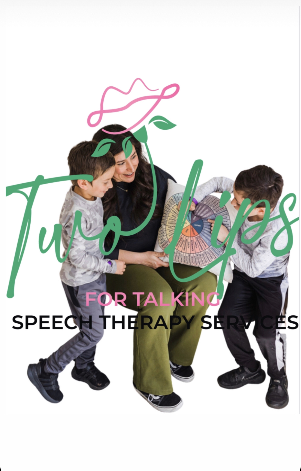 A woman with two children, all smiling and engaging in conversation, with text about speech therapy tips.
