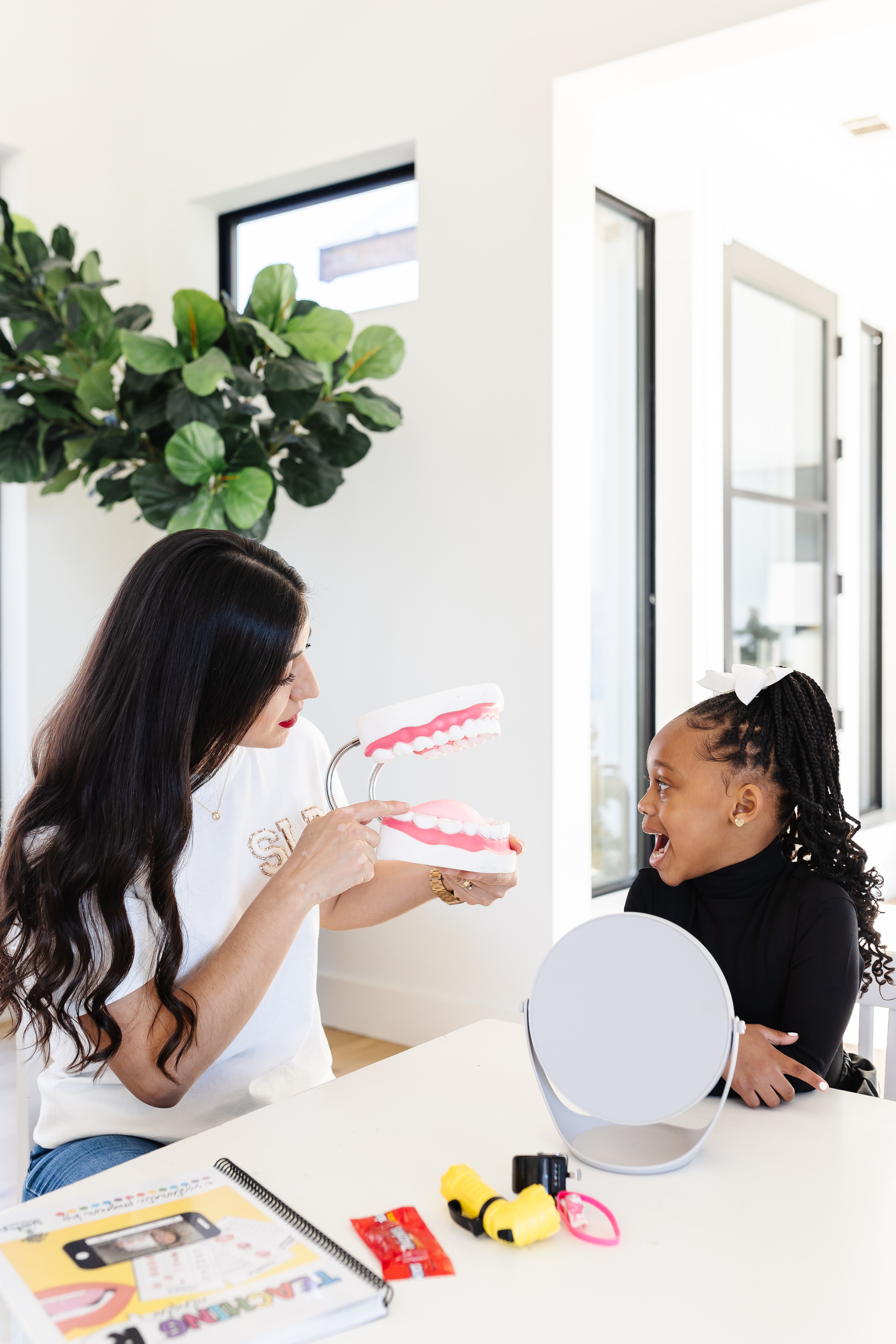 Woman holding a birthday cake with pink icing, smiling at a girl with braided hair, in a bright room with white walls and a window.