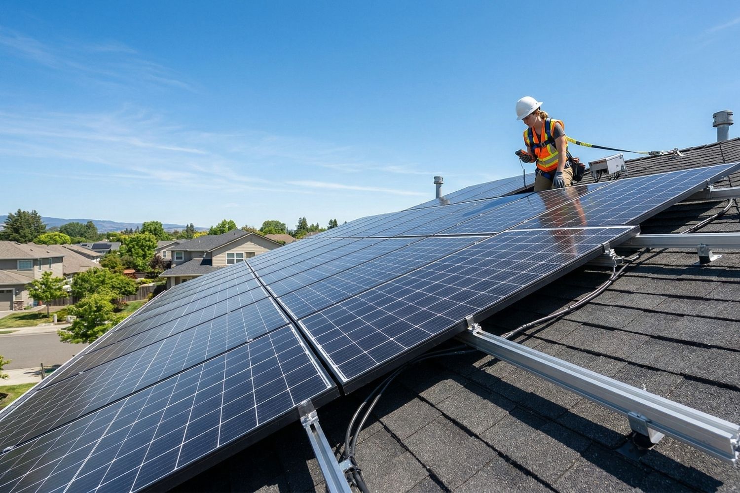 Worker installing solar panels on a roof under a clear blue sky, with houses and trees in the background.