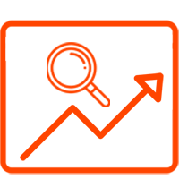 Magnifying glass over an upward trending arrow on a black background, outlined in orange.