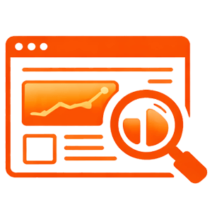Icon of a web page with a rising graph, magnifying glass, and pie chart, in orange and black colors.