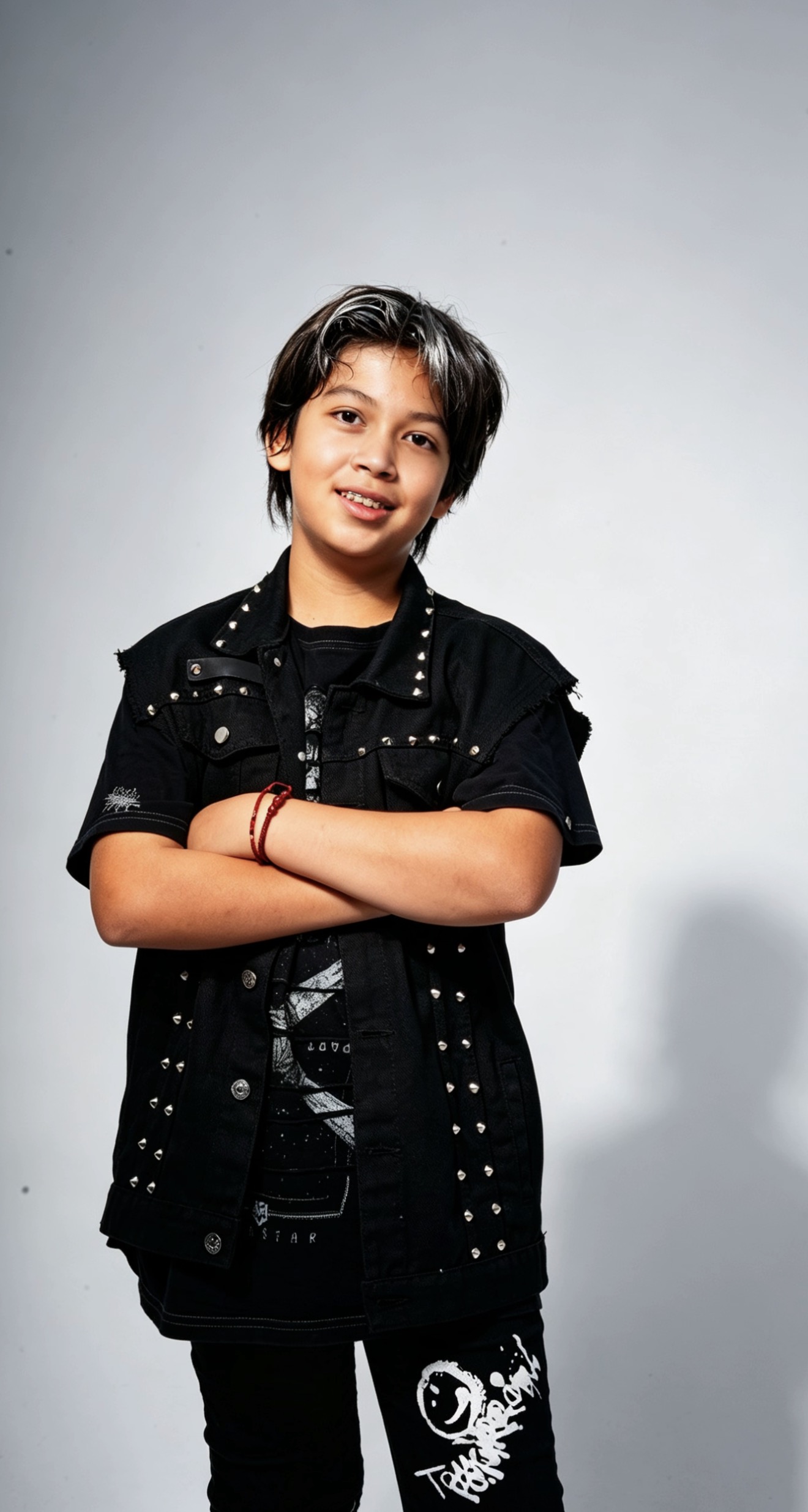 Young person with short dark hair smiling, arms crossed, wearing a black jacket and pants, standing against a light background.