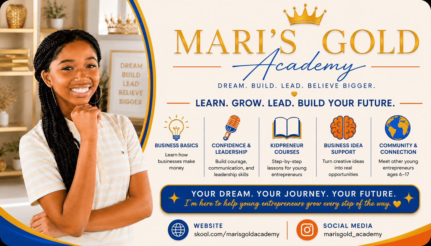 Logo for Mari's Gold Academy with a smiling girl, gold crown, and educational icons, on a white background.