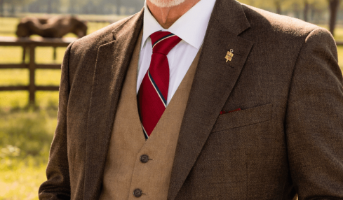 Older man with glasses and a white cowboy hat, smiling outdoors in a rural setting, wearing a brown blazer and red tie.