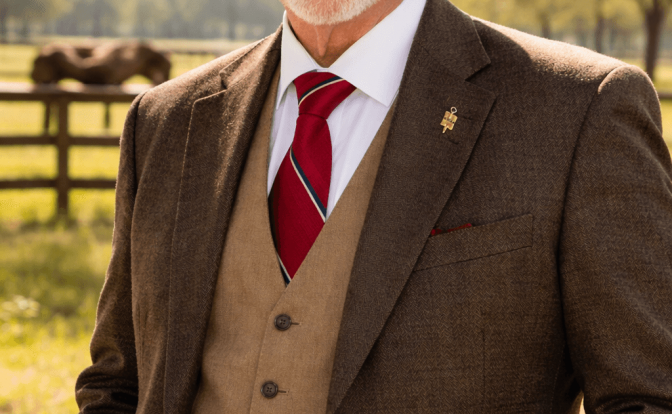 Older man with glasses and a white cowboy hat, smiling outdoors in a rural setting, wearing a brown blazer and red tie.