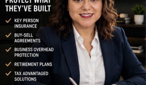 Woman in business attire sitting at desk with notebook, smiling, in office with framed quotes and plants, promoting business protection services.