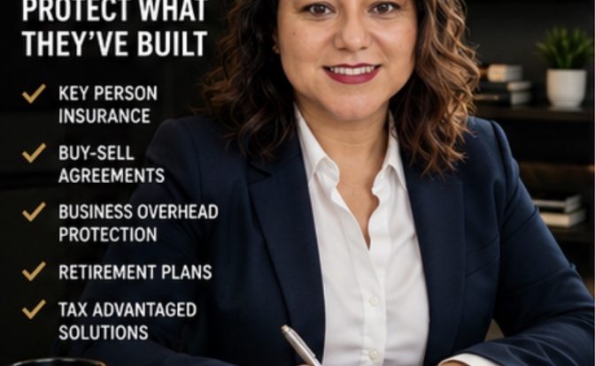 Woman in business attire sitting at desk with notebook, smiling, in office with framed quotes and plants, promoting business protection services.